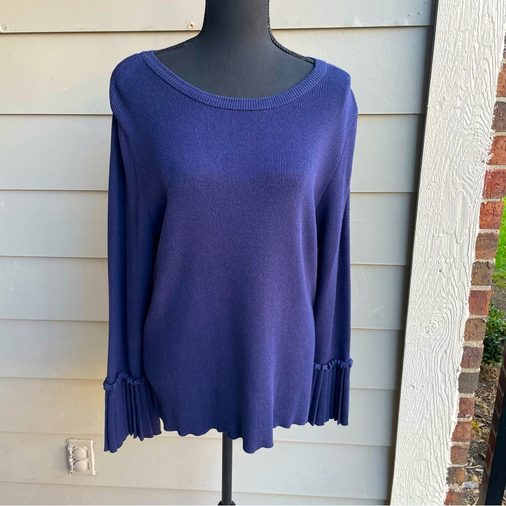 NY Collection Pleated Cuff Bell Sleeve Sweater (Blue, XL)